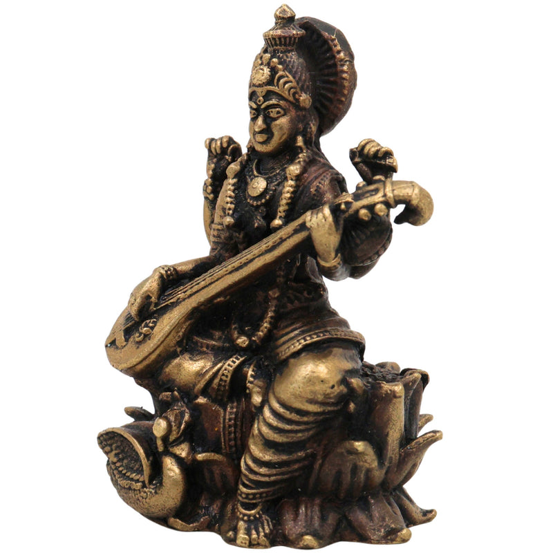 Brass Saraswati Idol, Peetal Sharada Devi Murti, Vagdevi Statue for Pooja, Home Decor & Gifts, Handcrafted Vani Bharati Moorthi, Gold, 3 Inch, 1 Piece