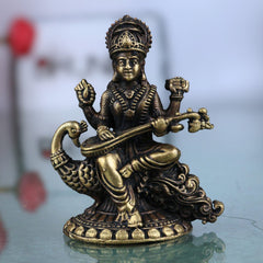 Brass Saraswati Idol, Handcrafted Peetal Sharada Devi Murti, Vagdevi Moorthi, Bharati Hamsavahini Statue, Kalaivani Brass Figurine for Pooja, Home Decor & Gift, Gold, 2.5 Inch, 1 Piece