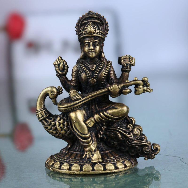 Brass Saraswati Idol, Handcrafted Peetal Sharada Devi Murti, Vagdevi Moorthi, Bharati Hamsavahini Statue, Kalaivani Brass Figurine for Pooja, Home Decor & Gift, Gold, 2.5 Inch, 1 Piece