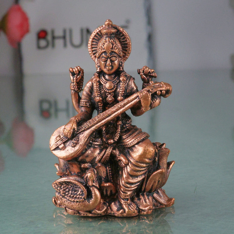 Copper Saraswati Idol Sharada Bharati Vani Vagdevi Hamsavahini Taamra Saraswati Murti | Divine Puja Moorti for Home Decor & Temple Sculpture, Brown, 2.5 Inch, 1 Piece