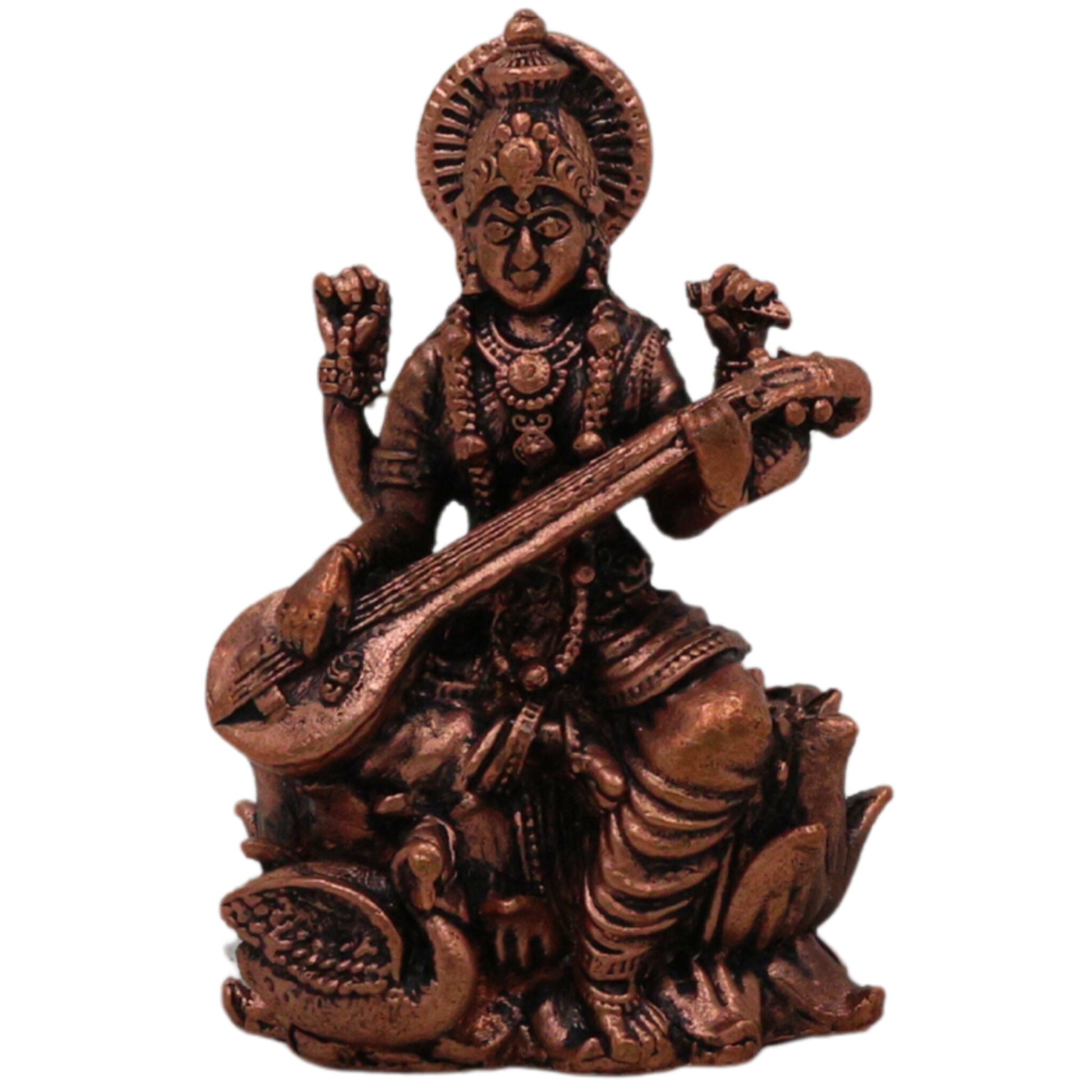 Copper Saraswati Idol Sharada Bharati Vani Vagdevi Hamsavahini Taamra Saraswati Murti | Divine Puja Moorti for Home Decor & Temple Sculpture, Brown, 2.5 Inch, 1 Piece