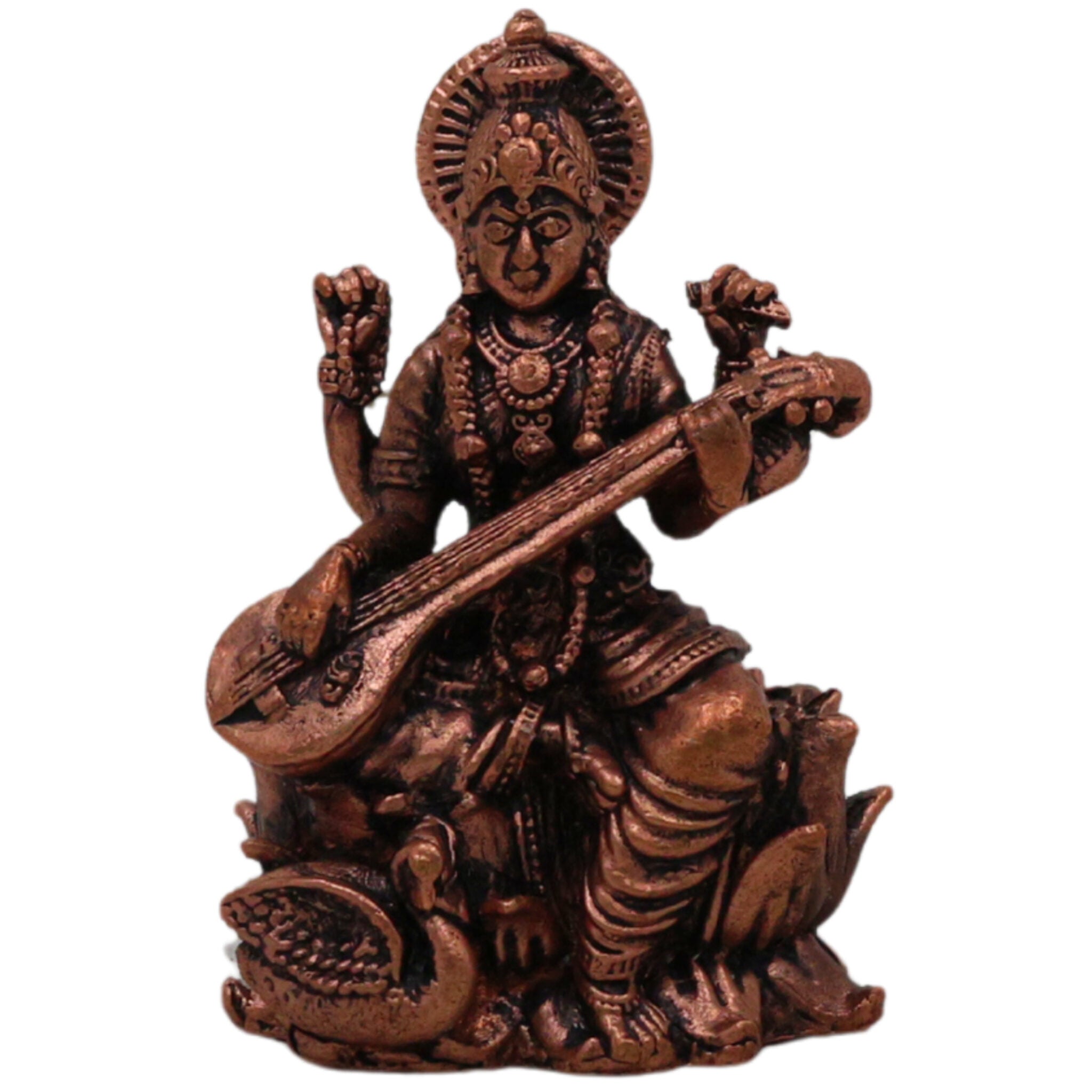 Copper Saraswati Idol Sharada Bharati Vani Vagdevi Hamsavahini Taamra Saraswati Murti | Divine Puja Moorti for Home Decor & Temple Sculpture, Brown, 2.5 Inch, 1 Piece