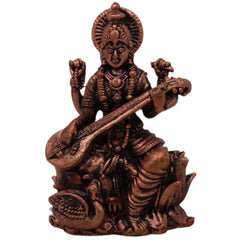 Copper Saraswati Idol Sharada Bharati Vani Vagdevi Hamsavahini Taamra Saraswati Murti | Divine Puja Moorti for Home Decor & Temple Sculpture, Brown, 2.5 Inch, 1 Piece