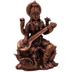 Copper Saraswati Idol Sharada Bharati Vani Vagdevi Hamsavahini Taamra Saraswati Murti | Divine Puja Moorti for Home Decor & Temple Sculpture, Brown, 2.5 Inch, 1 Piece