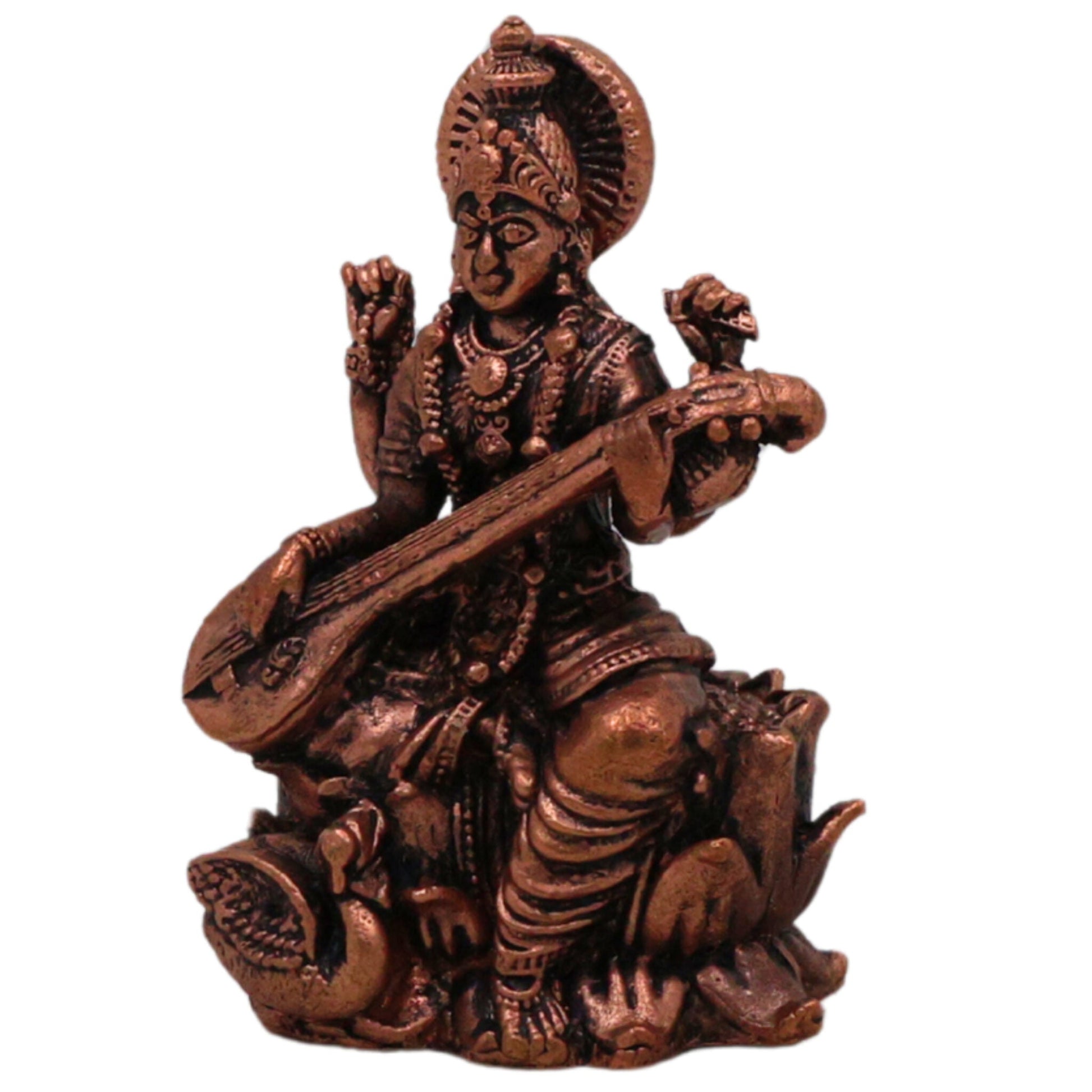 Copper Saraswati Idol Sharada Bharati Vani Vagdevi Hamsavahini Taamra Saraswati Murti | Divine Puja Moorti for Home Decor & Temple Sculpture, Brown, 2.5 Inch, 1 Piece