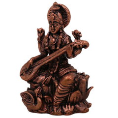 Copper Saraswati Idol Sharada Bharati Vani Vagdevi Hamsavahini Taamra Saraswati Murti | Divine Puja Moorti for Home Decor & Temple Sculpture, Brown, 2.5 Inch, 1 Piece