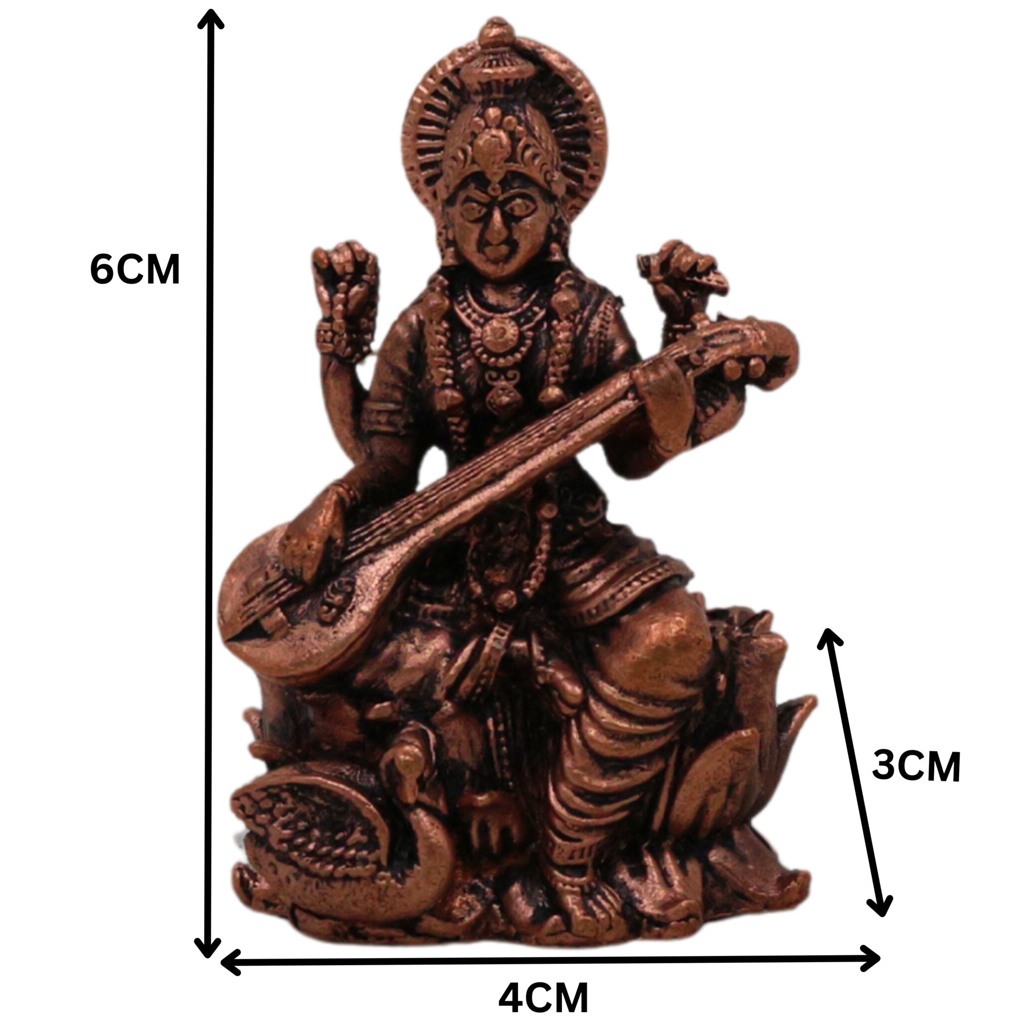 Copper Saraswati Idol Sharada Bharati Vani Vagdevi Hamsavahini Taamra Saraswati Murti | Divine Puja Moorti for Home Decor & Temple Sculpture, Brown, 2.5 Inch, 1 Piece