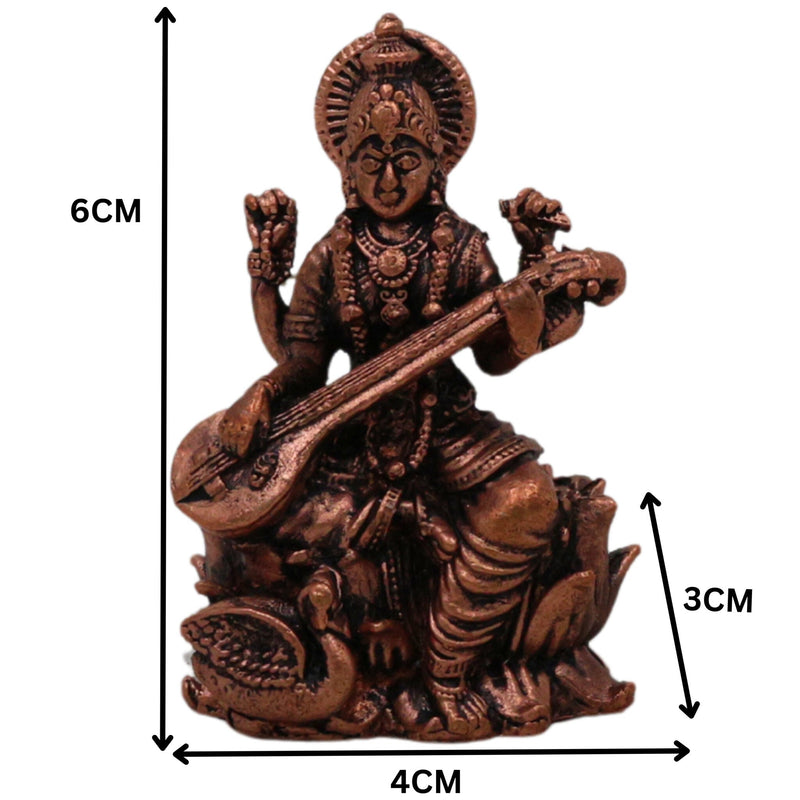 Copper Saraswati Idol Sharada Bharati Vani Vagdevi Hamsavahini Taamra Saraswati Murti | Divine Puja Moorti for Home Decor & Temple Sculpture, Brown, 2.5 Inch, 1 Piece