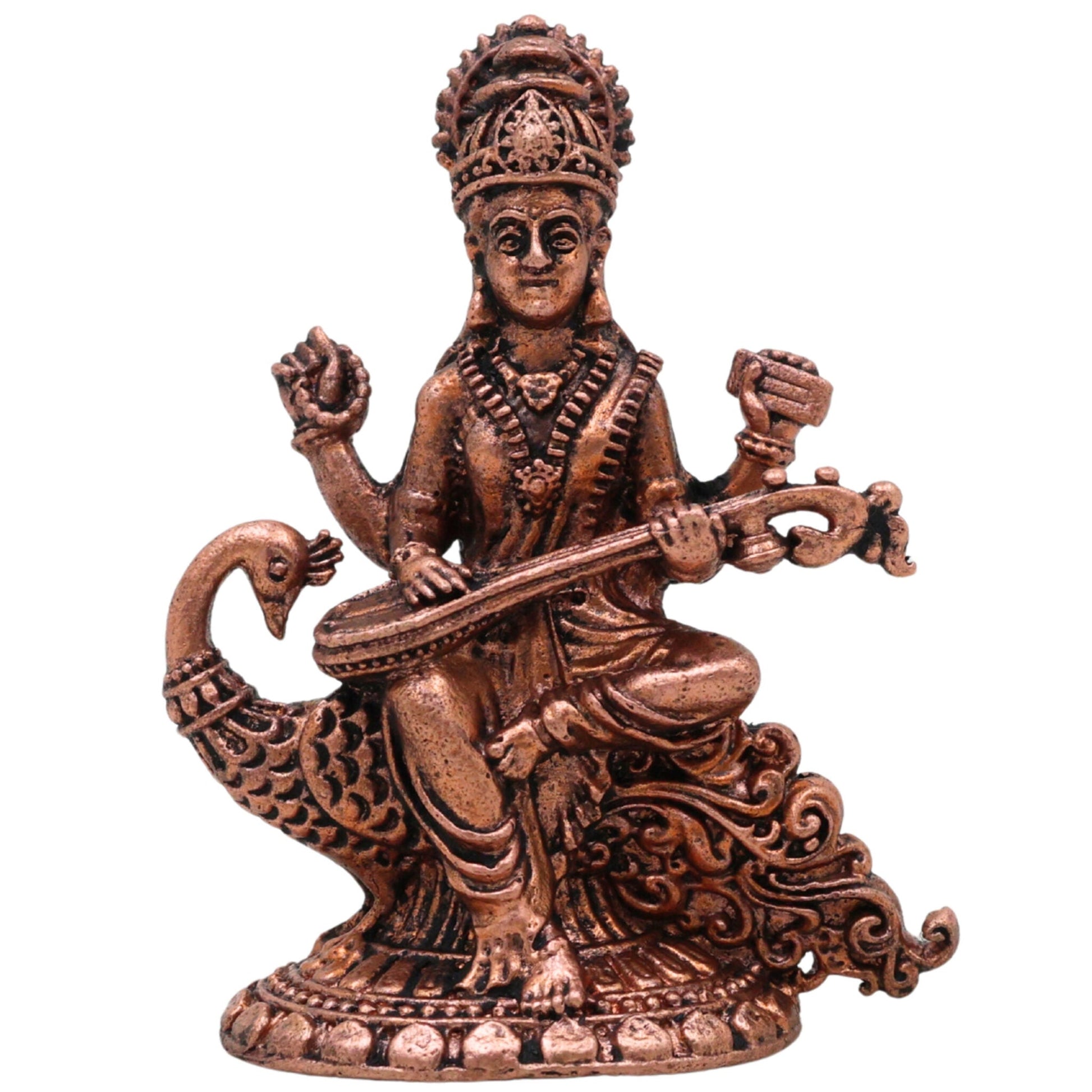 Copper Saraswati Idol, Handcrafted Maa Saraswati Vagdevi Veenapani Sharada Devi Tamraloha Murti for Home Pooja & Decor, Brown, 2.5 Inch, 1 Piece