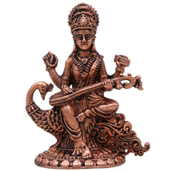 Copper Saraswati Idol, Handcrafted Maa Saraswati Vagdevi Veenapani Sharada Devi Tamraloha Murti for Home Pooja & Decor, Brown, 2.5 Inch, 1 Piece