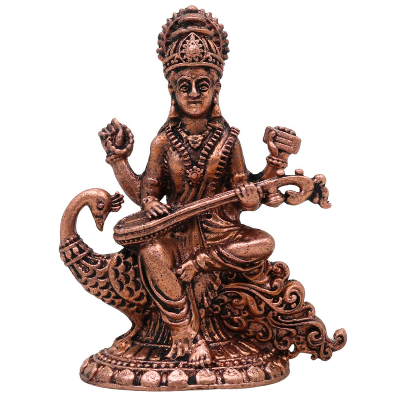 Copper Saraswati Idol, Handcrafted Maa Saraswati Vagdevi Veenapani Sharada Devi Tamraloha Murti for Home Pooja & Decor, Brown, 2.5 Inch, 1 Piece