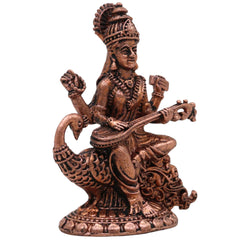 Copper Saraswati Idol, Handcrafted Maa Saraswati Vagdevi Veenapani Sharada Devi Tamraloha Murti for Home Pooja & Decor, Brown, 2.5 Inch, 1 Piece