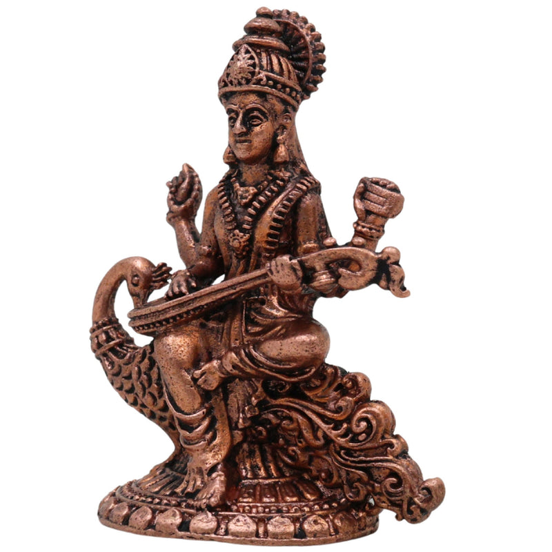 Copper Saraswati Idol, Handcrafted Maa Saraswati Vagdevi Veenapani Sharada Devi Tamraloha Murti for Home Pooja & Decor, Brown, 2.5 Inch, 1 Piece