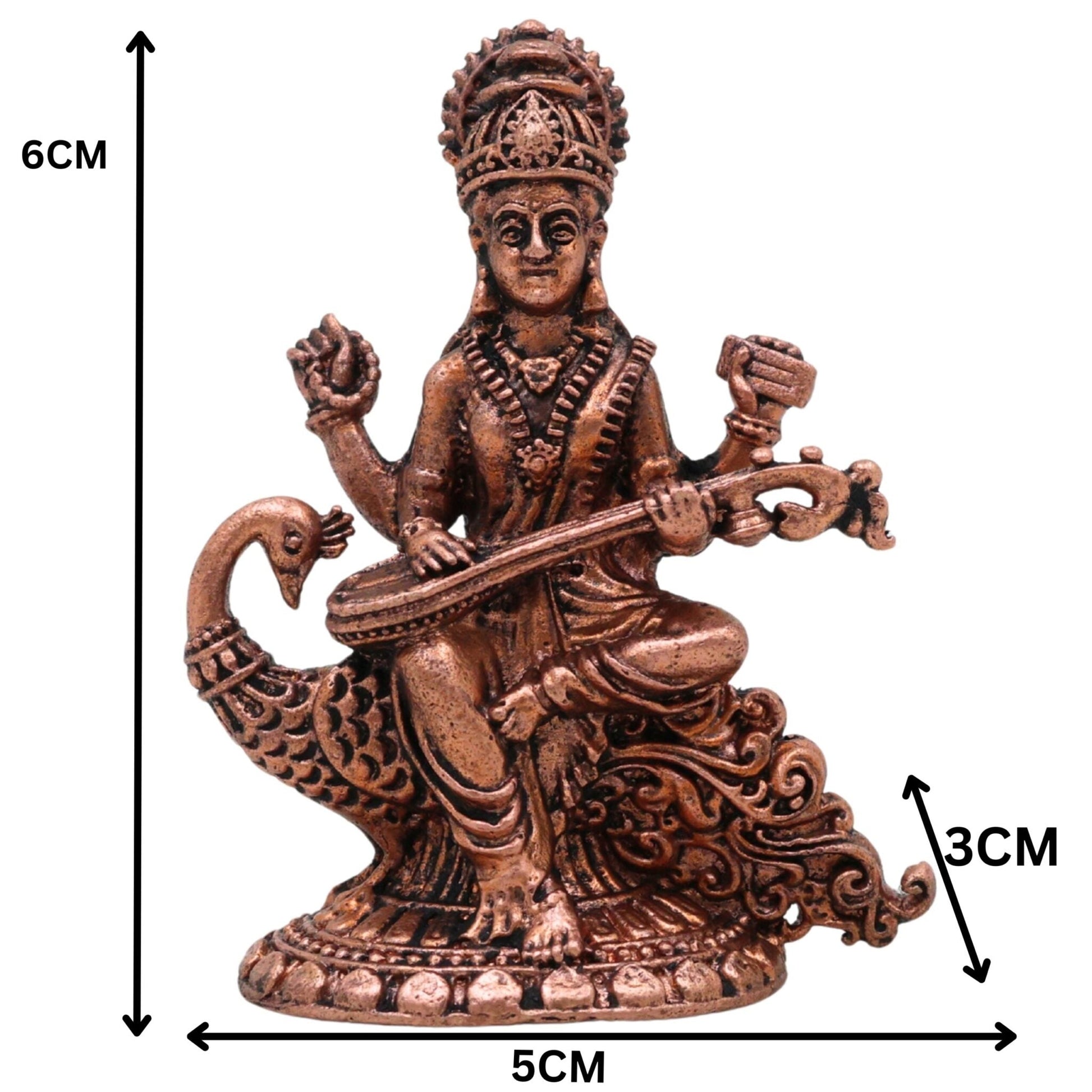 Copper Saraswati Idol, Handcrafted Maa Saraswati Vagdevi Veenapani Sharada Devi Tamraloha Murti for Home Pooja & Decor, Brown, 2.5 Inch, 1 Piece