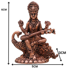 Copper Saraswati Idol, Handcrafted Maa Saraswati Vagdevi Veenapani Sharada Devi Tamraloha Murti for Home Pooja & Decor, Brown, 2.5 Inch, 1 Piece