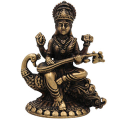 Brass Saraswati Idol, Handcrafted Peetal Sharada Devi Murti, Vagdevi Moorthi, Bharati Hamsavahini Statue, Kalaivani Brass Figurine for Pooja, Home Decor & Gift, Gold, 2.5 Inch, 1 Piece