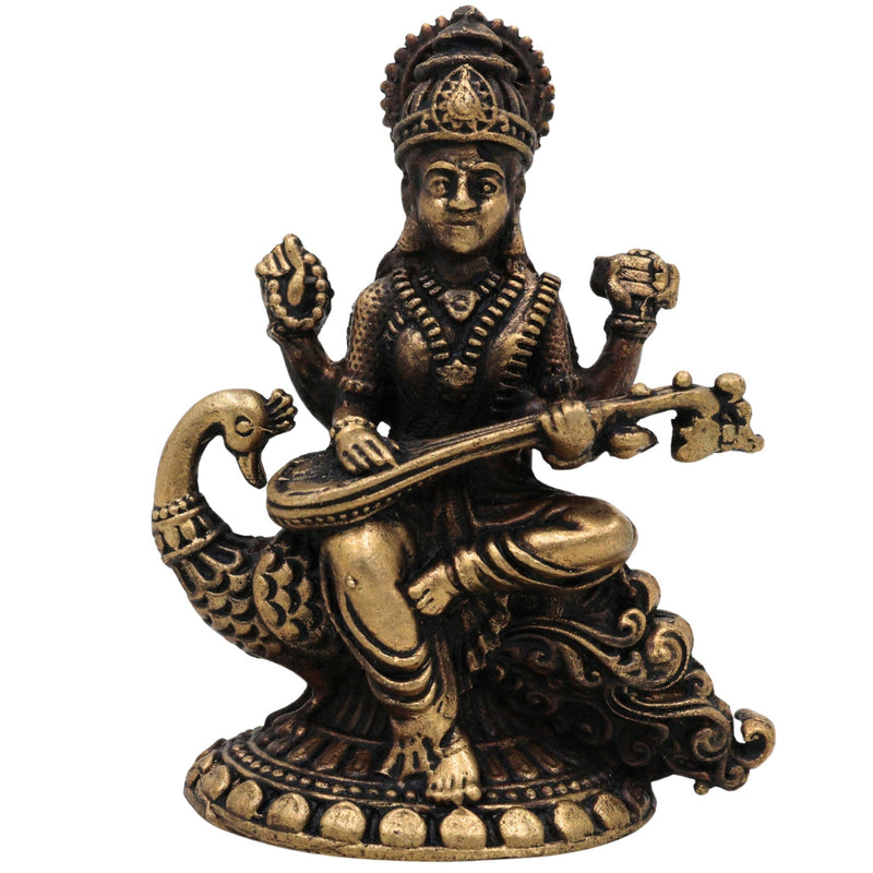 Brass Saraswati Idol, Handcrafted Peetal Sharada Devi Murti, Vagdevi Moorthi, Bharati Hamsavahini Statue, Kalaivani Brass Figurine for Pooja, Home Decor & Gift, Gold, 2.5 Inch, 1 Piece