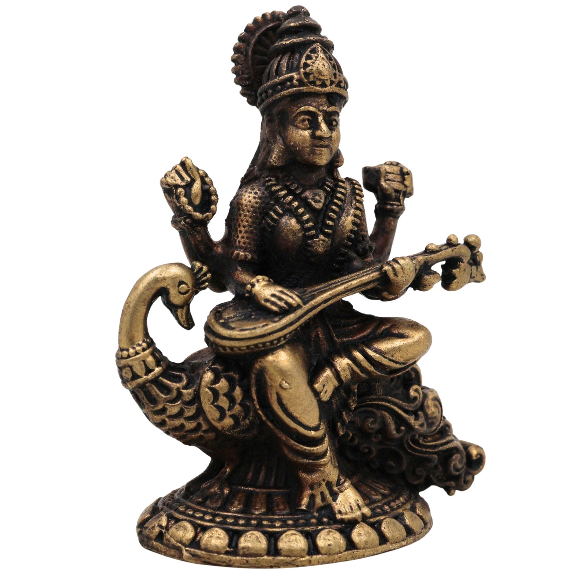 Brass Saraswati Idol, Handcrafted Peetal Sharada Devi Murti, Vagdevi Moorthi, Bharati Hamsavahini Statue, Kalaivani Brass Figurine for Pooja, Home Decor & Gift, Gold, 2.5 Inch, 1 Piece