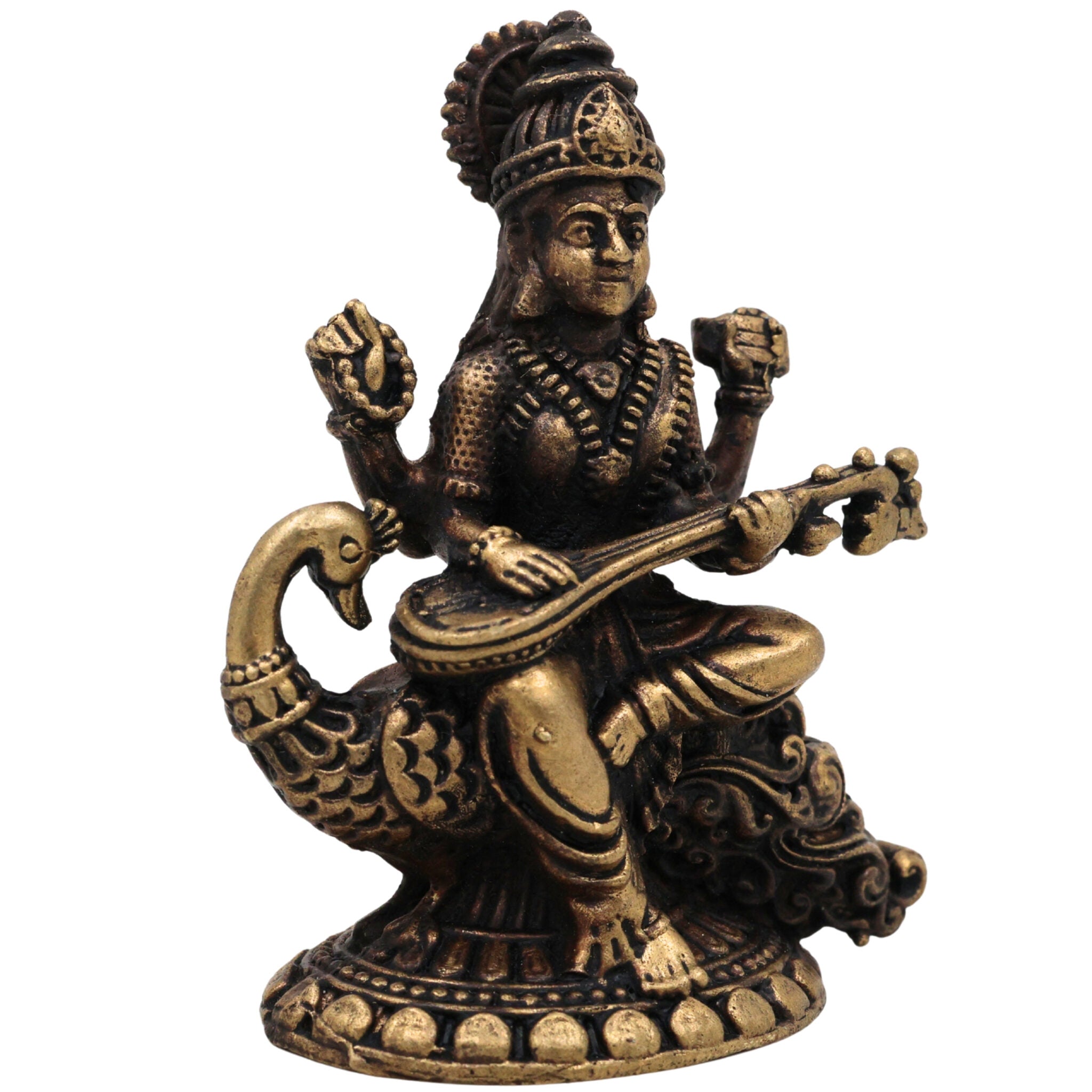 Brass Saraswati Idol, Handcrafted Peetal Sharada Devi Murti, Vagdevi Moorthi, Bharati Hamsavahini Statue, Kalaivani Brass Figurine for Pooja, Home Decor & Gift, Gold, 2.5 Inch, 1 Piece