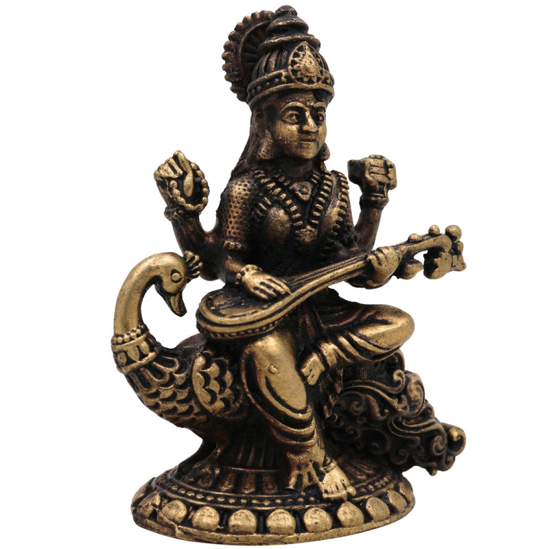 Brass Saraswati Idol, Handcrafted Peetal Sharada Devi Murti, Vagdevi Moorthi, Bharati Hamsavahini Statue, Kalaivani Brass Figurine for Pooja, Home Decor & Gift, Gold, 2.5 Inch, 1 Piece