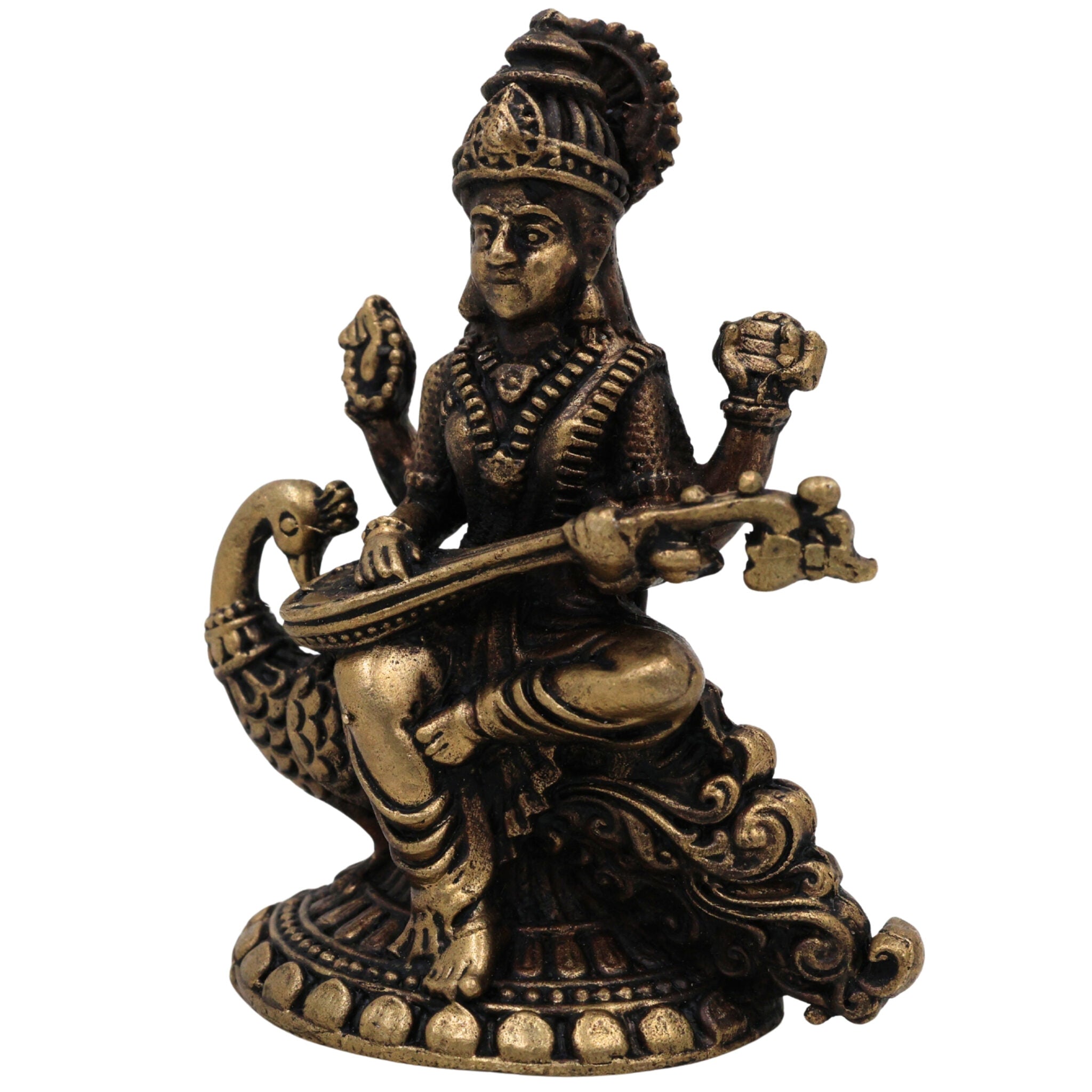 Brass Saraswati Idol, Handcrafted Peetal Sharada Devi Murti, Vagdevi Moorthi, Bharati Hamsavahini Statue, Kalaivani Brass Figurine for Pooja, Home Decor & Gift, Gold, 2.5 Inch, 1 Piece