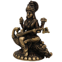 Brass Saraswati Idol, Handcrafted Peetal Sharada Devi Murti, Vagdevi Moorthi, Bharati Hamsavahini Statue, Kalaivani Brass Figurine for Pooja, Home Decor & Gift, Gold, 2.5 Inch, 1 Piece