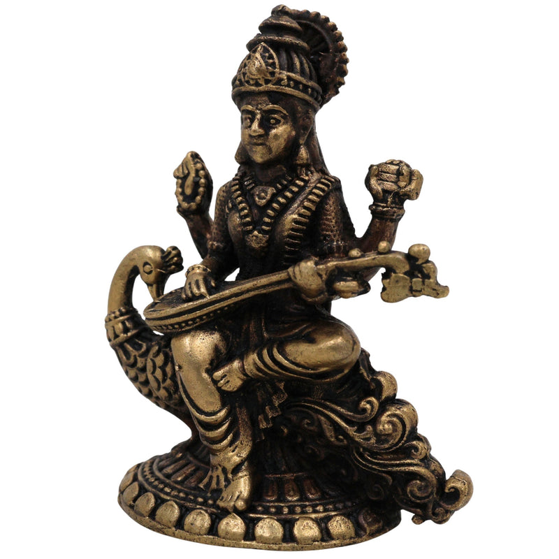 Brass Saraswati Idol, Handcrafted Peetal Sharada Devi Murti, Vagdevi Moorthi, Bharati Hamsavahini Statue, Kalaivani Brass Figurine for Pooja, Home Decor & Gift, Gold, 2.5 Inch, 1 Piece