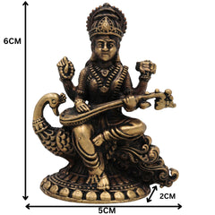 Brass Saraswati Idol, Handcrafted Peetal Sharada Devi Murti, Vagdevi Moorthi, Bharati Hamsavahini Statue, Kalaivani Brass Figurine for Pooja, Home Decor & Gift, Gold, 2.5 Inch, 1 Piece