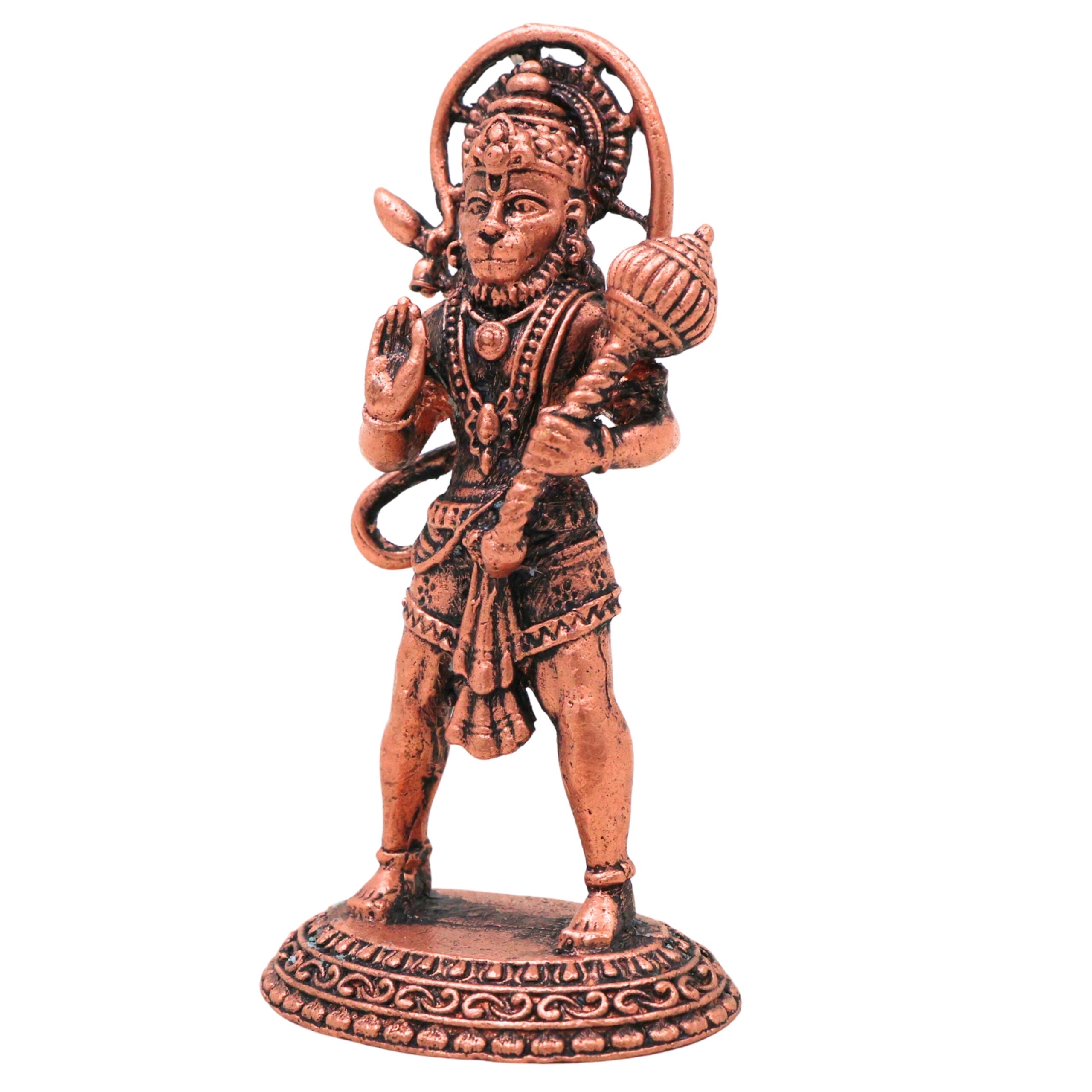 Copper Hanuman Idol, Handcrafted Tamra Anjaneya Murti, Bajrangbali Maruti Ramdoot Vigraham for Pooja, Home Decor & Spiritual Gifts, Brown, 3 Inch, 1 Piece