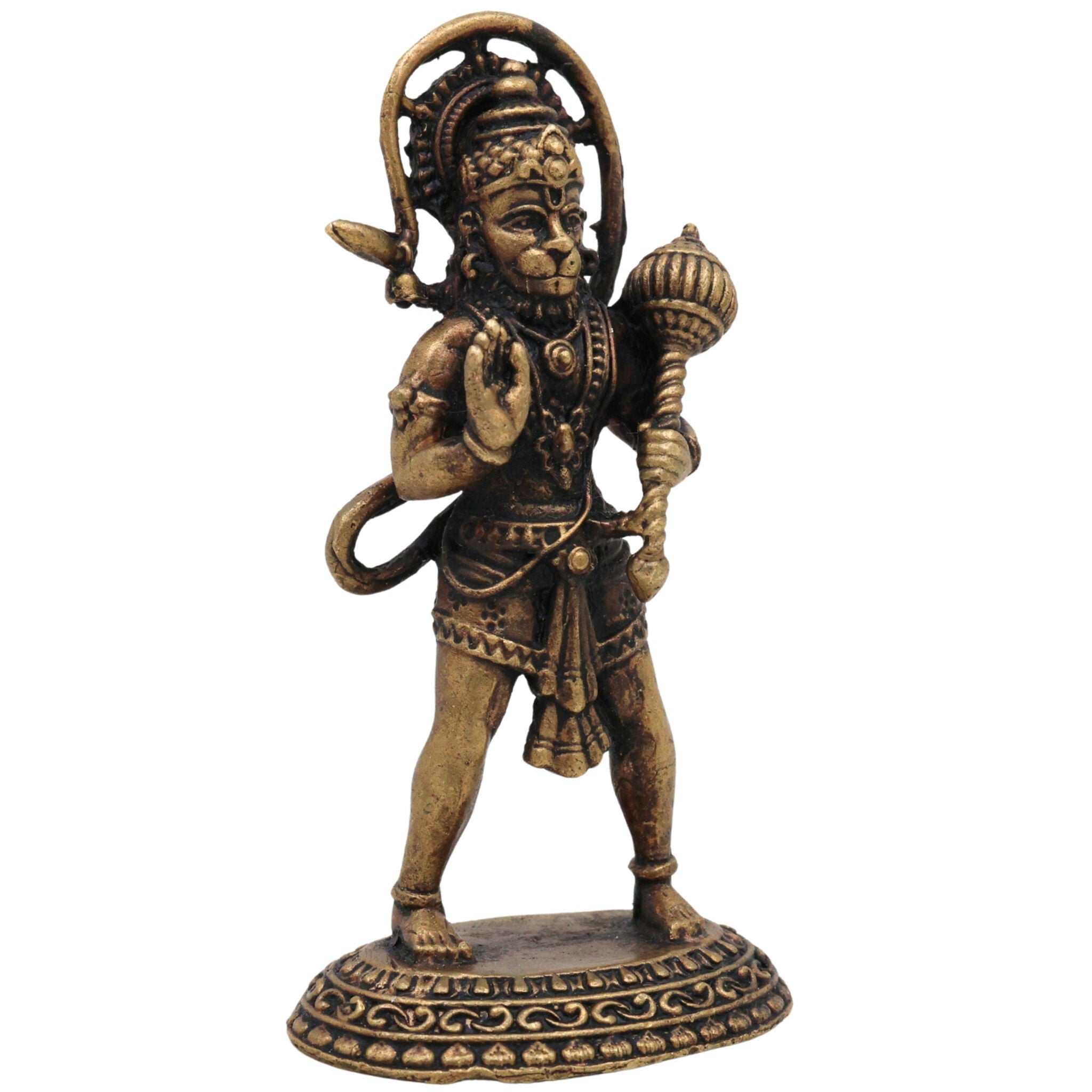 Brass Hanuman Idol, Pavanputra Anjaneya Murti, Bajrangbali Maruti Vigraha, Sankat Mochan Hanuman Statue, Handcrafted Peetal Pital Ram Bhakt Hanuman Moorti for Pooja Home Temple Décor, Gold, 3 Inch, 1 Piece