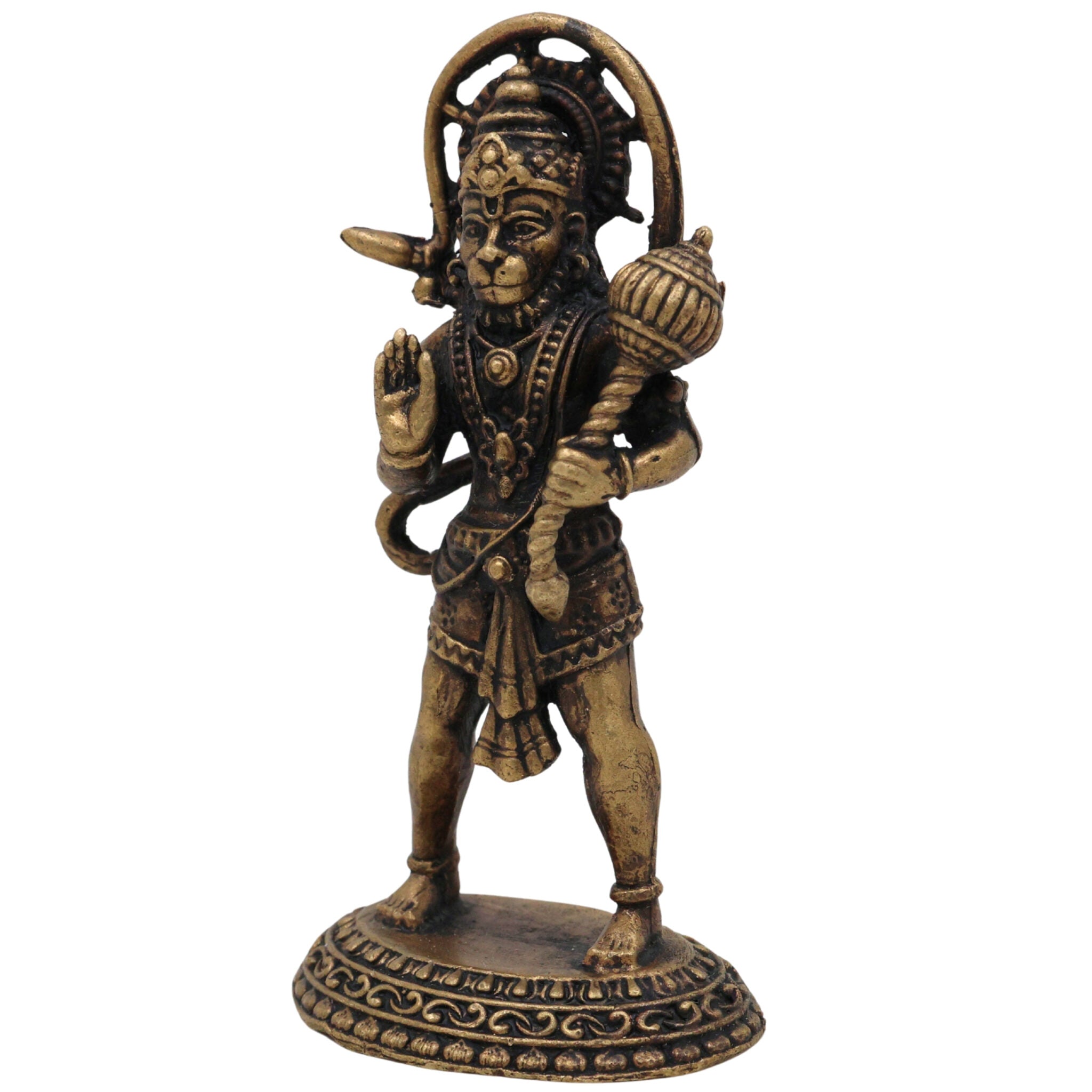 Brass Hanuman Idol, Pavanputra Anjaneya Murti, Bajrangbali Maruti Vigraha, Sankat Mochan Hanuman Statue, Handcrafted Peetal Pital Ram Bhakt Hanuman Moorti for Pooja Home Temple Décor, Gold, 3 Inch, 1 Piece