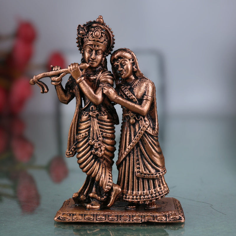 Handcrafted Copper Radha Krishna Idol, Tamra Radha Madhav Murti, Antique Radha Govind Statue for Pooja, Home Decor & Spiritual Gifts, Radha Gopal Tamraloha Vigraham, Brown, 3.5 Inch, 1 Piece