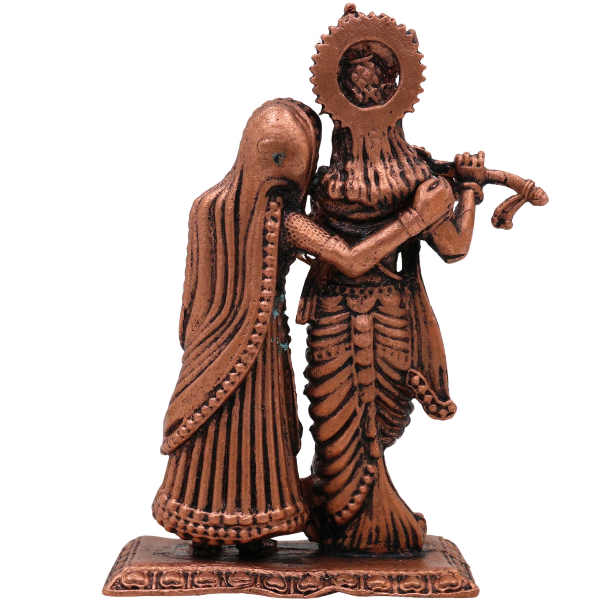 Handcrafted Copper Radha Krishna Idol, Tamra Radha Madhav Murti, Antique Radha Govind Statue for Pooja, Home Decor & Spiritual Gifts, Radha Gopal Tamraloha Vigraham, Brown, 3.5 Inch, 1 Piece