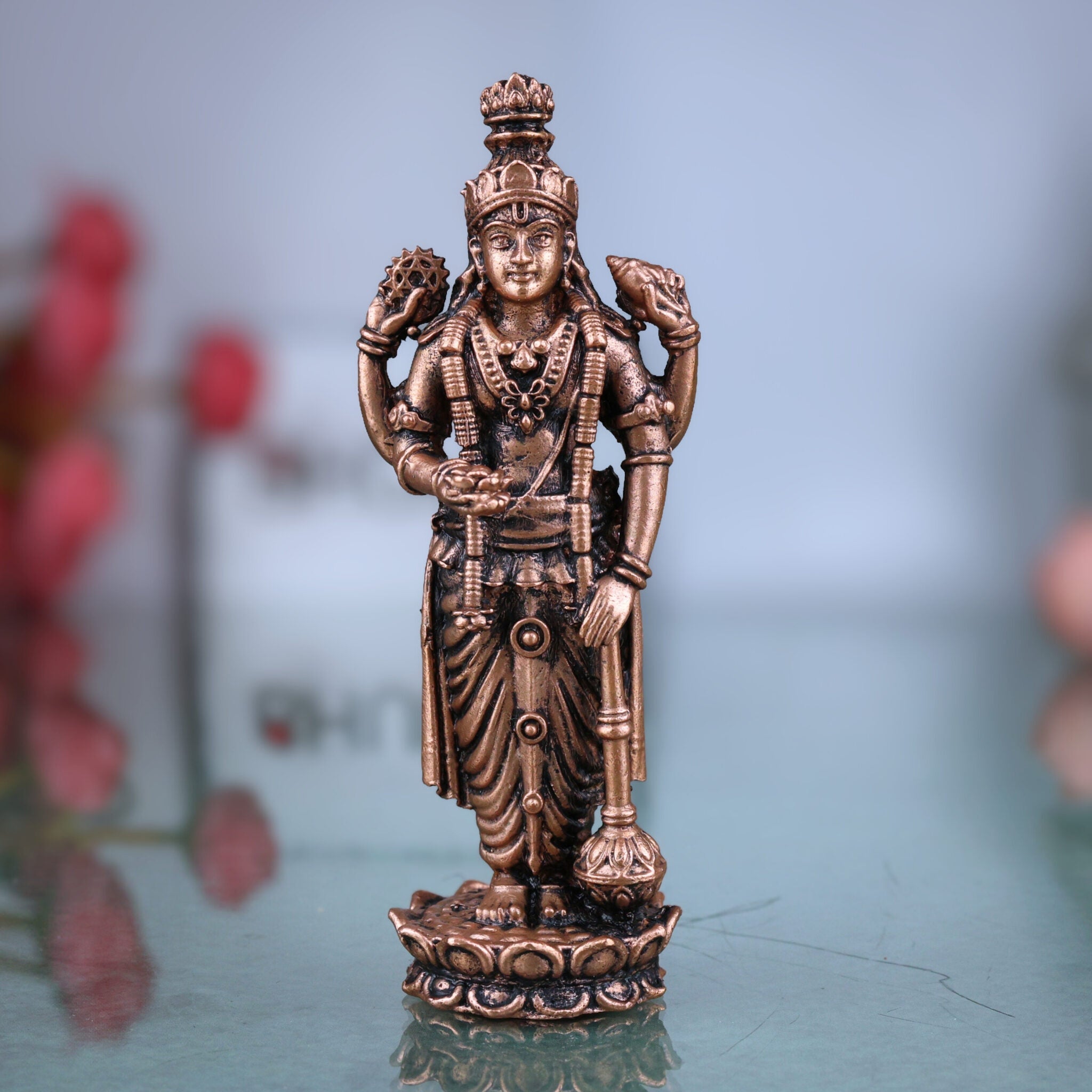 Handcrafted Copper Vishnu Idol, Tamra Narayana Moorti,Thamira Balaji Statue, Vaikunthanatha Govinda Murti for Pooja, Home Temple & Spiritual Decor, Brown, 4 Inch, 1 Piece