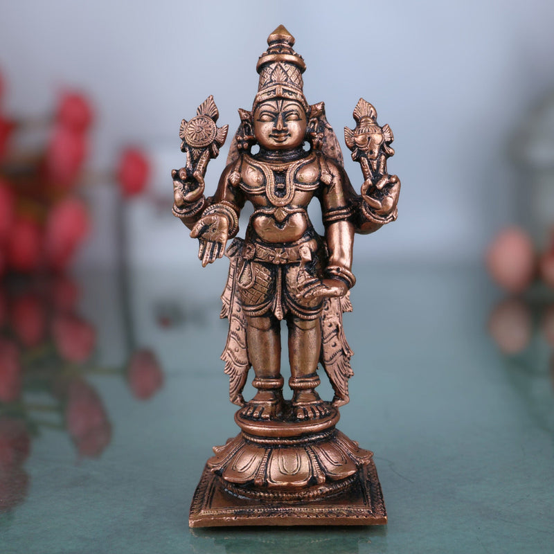Pure Copper Vishnu Idol, Handcrafted Tamra Narayana Moorti, Govinda Balaji Lakshmipati Statue for Pooja, Home Temple & Spiritual Decor, Brown, 4.5 Inch, 1 Piece