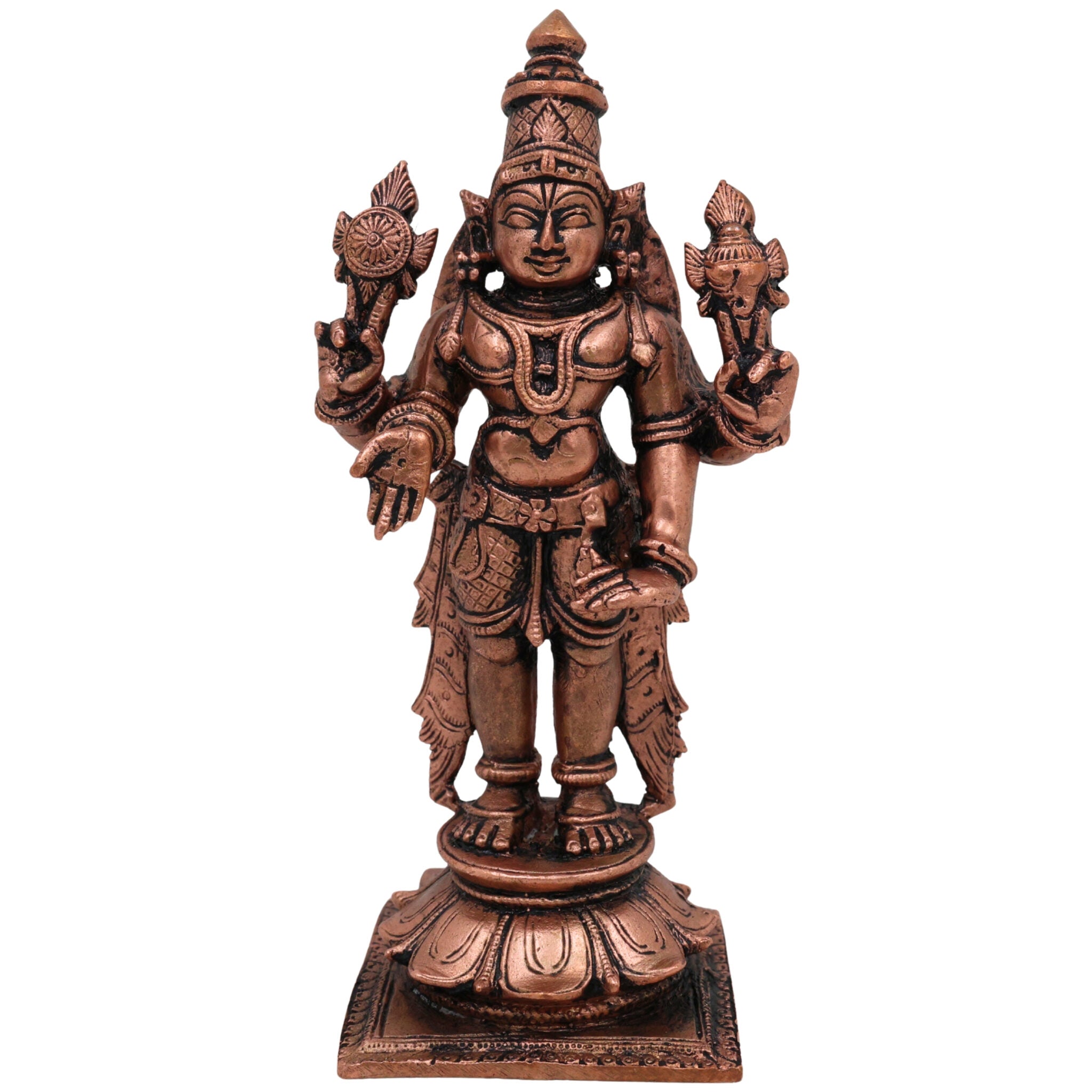 Pure Copper Vishnu Idol, Handcrafted Tamra Narayana Moorti, Govinda Balaji Lakshmipati Statue for Pooja, Home Temple & Spiritual Decor, Brown, 4.5 Inch, 1 Piece