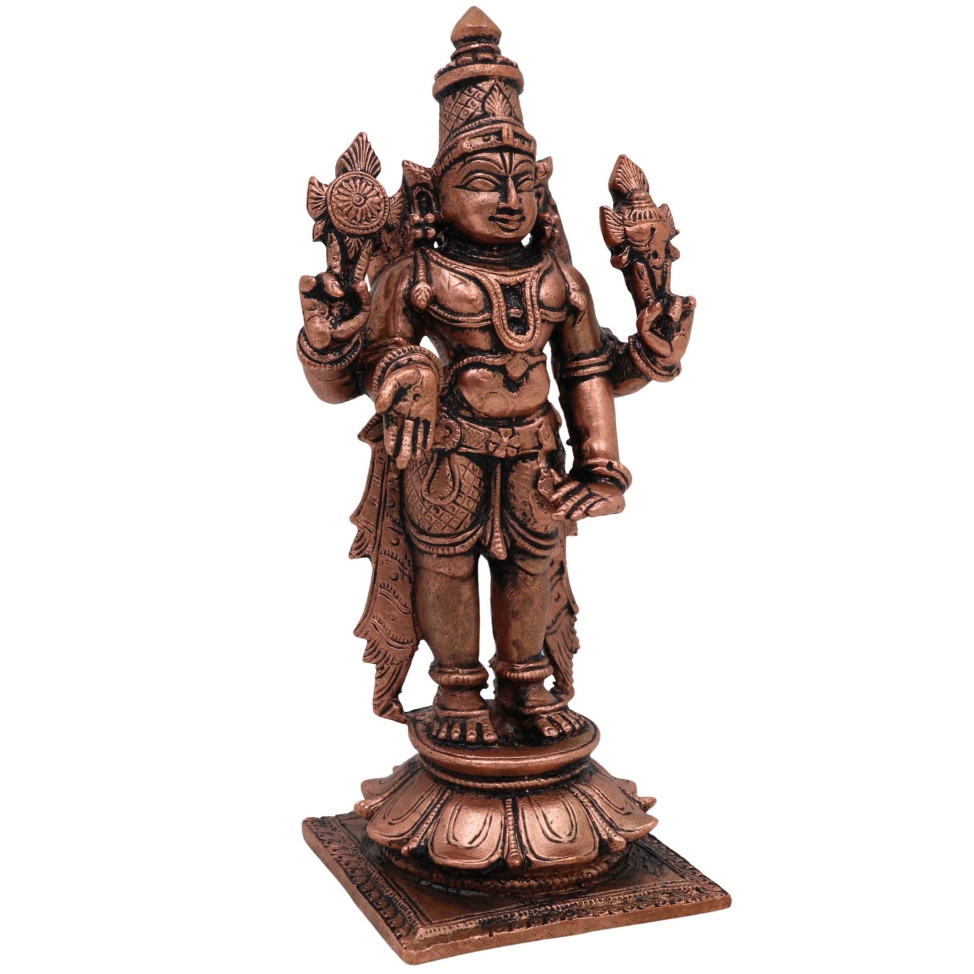 Pure Copper Vishnu Idol, Handcrafted Tamra Narayana Moorti, Govinda Balaji Lakshmipati Statue for Pooja, Home Temple & Spiritual Decor, Brown, 4.5 Inch, 1 Piece