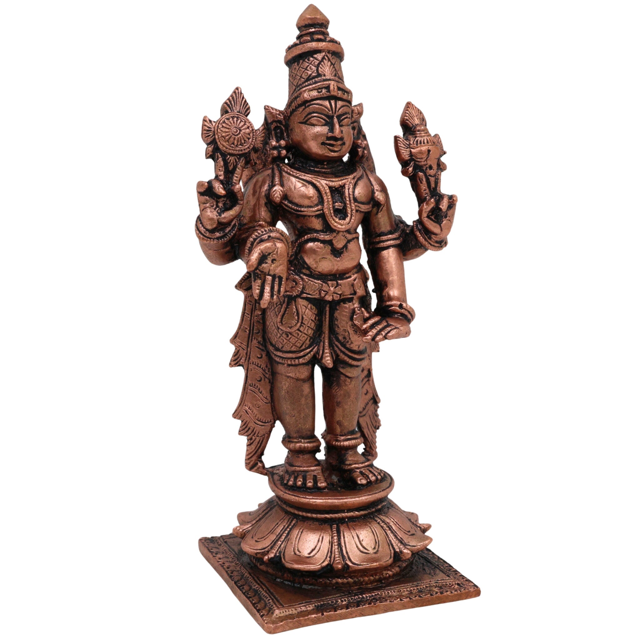 Pure Copper Vishnu Idol, Handcrafted Tamra Narayana Moorti, Govinda Balaji Lakshmipati Statue for Pooja, Home Temple & Spiritual Decor, Brown, 4.5 Inch, 1 Piece