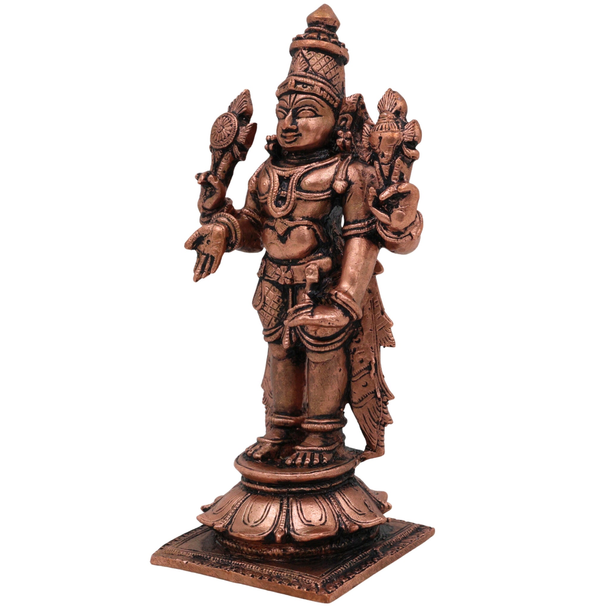 Pure Copper Vishnu Idol, Handcrafted Tamra Narayana Moorti, Govinda Balaji Lakshmipati Statue for Pooja, Home Temple & Spiritual Decor, Brown, 4.5 Inch, 1 Piece
