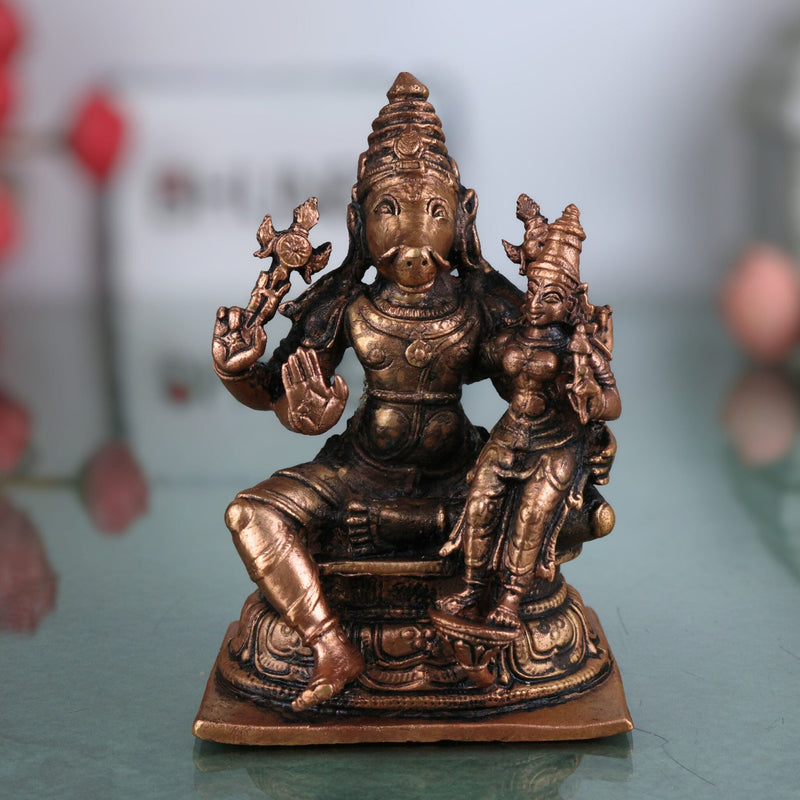 Copper Lakshmi Varaha Swamy Idol, Tamra Bhu Varaha Murti, Handcrafted Varaha Perumal Statue for Pooja, Temple & Home Decor, Brown, 4 Inch, 1 Piece