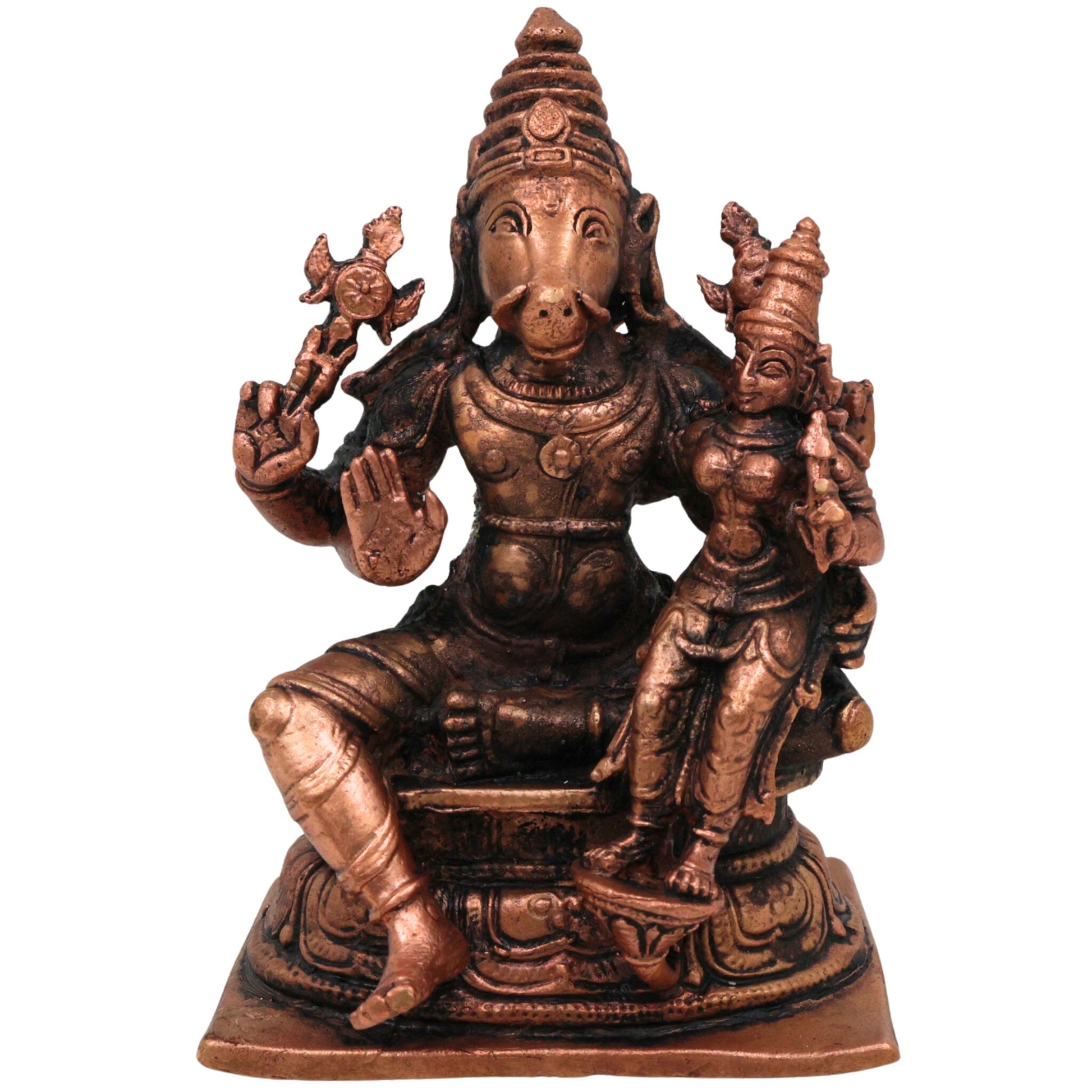 Copper Lakshmi Varaha Swamy Idol, Tamra Bhu Varaha Murti, Handcrafted Varaha Perumal Statue for Pooja, Temple & Home Decor, Brown, 4 Inch, 1 Piece