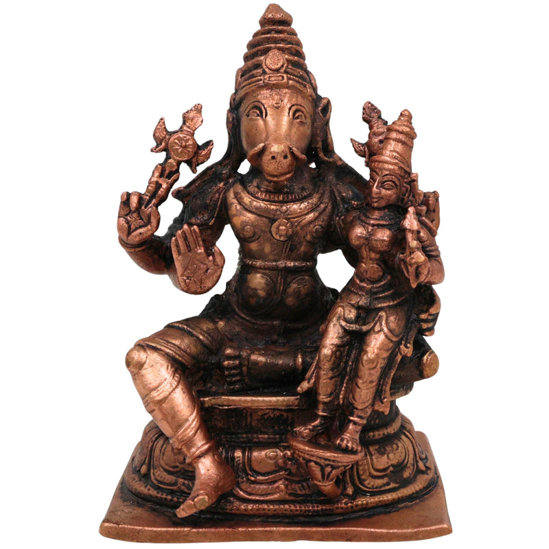 Copper Lakshmi Varaha Swamy Idol, Tamra Bhu Varaha Murti, Handcrafted Varaha Perumal Statue for Pooja, Temple & Home Decor, Brown, 4 Inch, 1 Piece