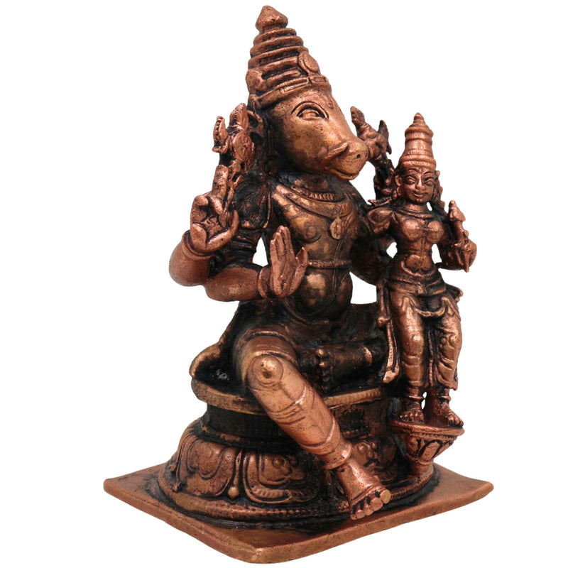Copper Lakshmi Varaha Swamy Idol, Tamra Bhu Varaha Murti, Handcrafted Varaha Perumal Statue for Pooja, Temple & Home Decor, Brown, 4 Inch, 1 Piece