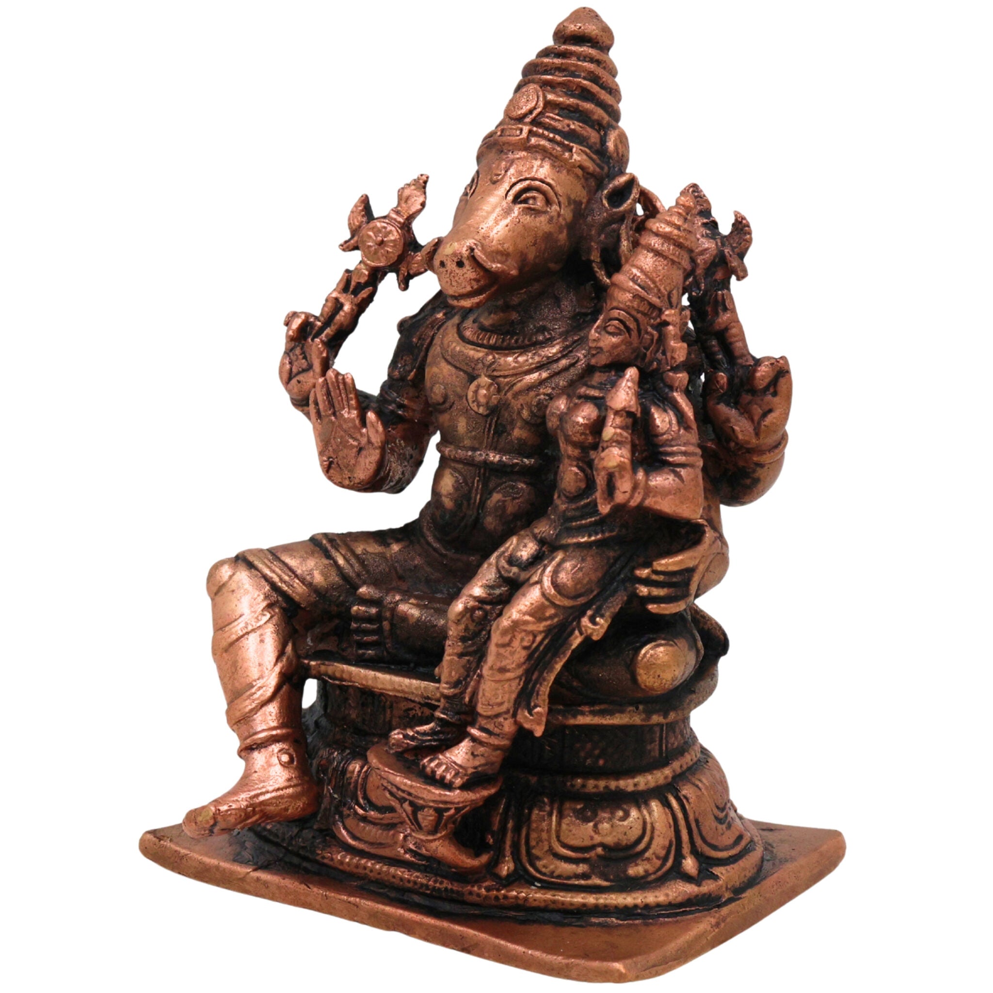 Copper Lakshmi Varaha Swamy Idol, Tamra Bhu Varaha Murti, Handcrafted Varaha Perumal Statue for Pooja, Temple & Home Decor, Brown, 4 Inch, 1 Piece