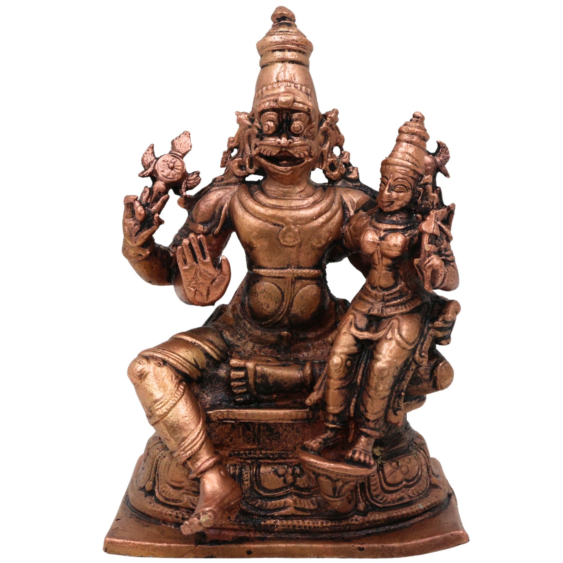 Pure Copper Lakshmi Narasimha Idol, Tamra Narasimha Lakshmi Murti, Handcrafted Mahalakshmi Narasimha Swamy Statue for Pooja, Home Decor & Temple Blessings, Brown, 4 Inch, 1 Piece