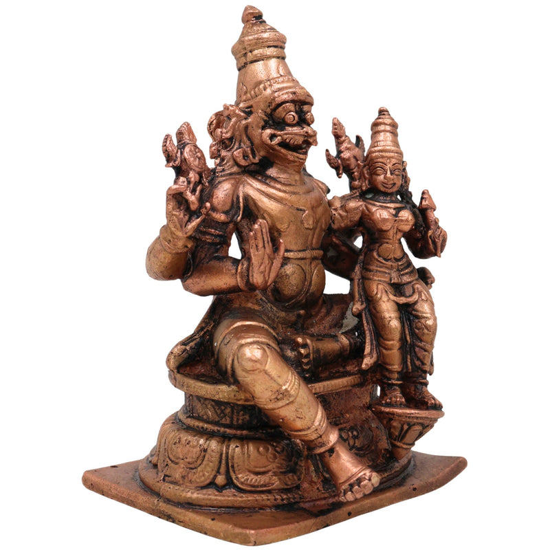 Pure Copper Lakshmi Narasimha Idol, Tamra Narasimha Lakshmi Murti, Handcrafted Mahalakshmi Narasimha Swamy Statue for Pooja, Home Decor & Temple Blessings, Brown, 4 Inch, 1 Piece