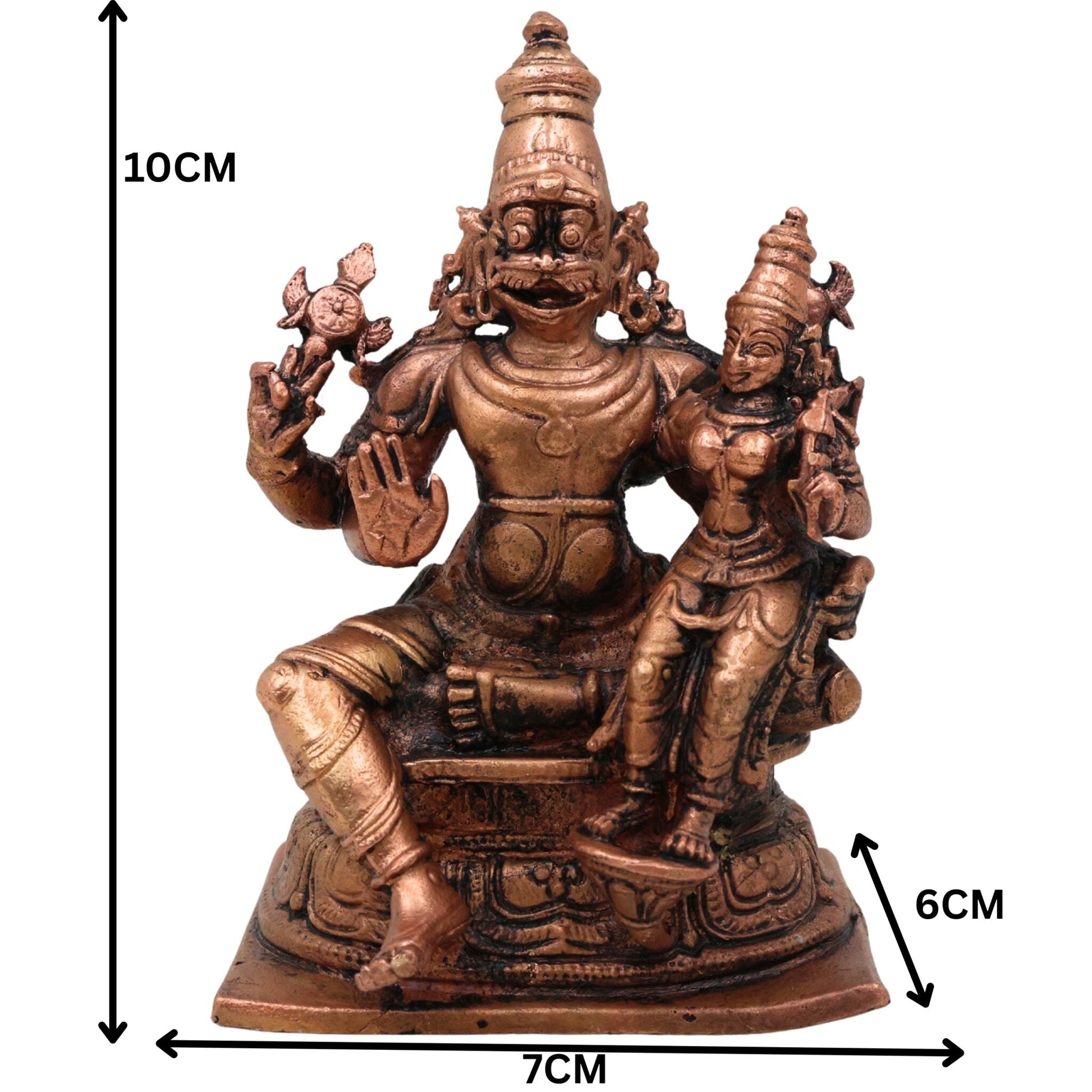 Pure Copper Lakshmi Narasimha Idol, Tamra Narasimha Lakshmi Murti, Handcrafted Mahalakshmi Narasimha Swamy Statue for Pooja, Home Decor & Temple Blessings, Brown, 4 Inch, 1 Piece