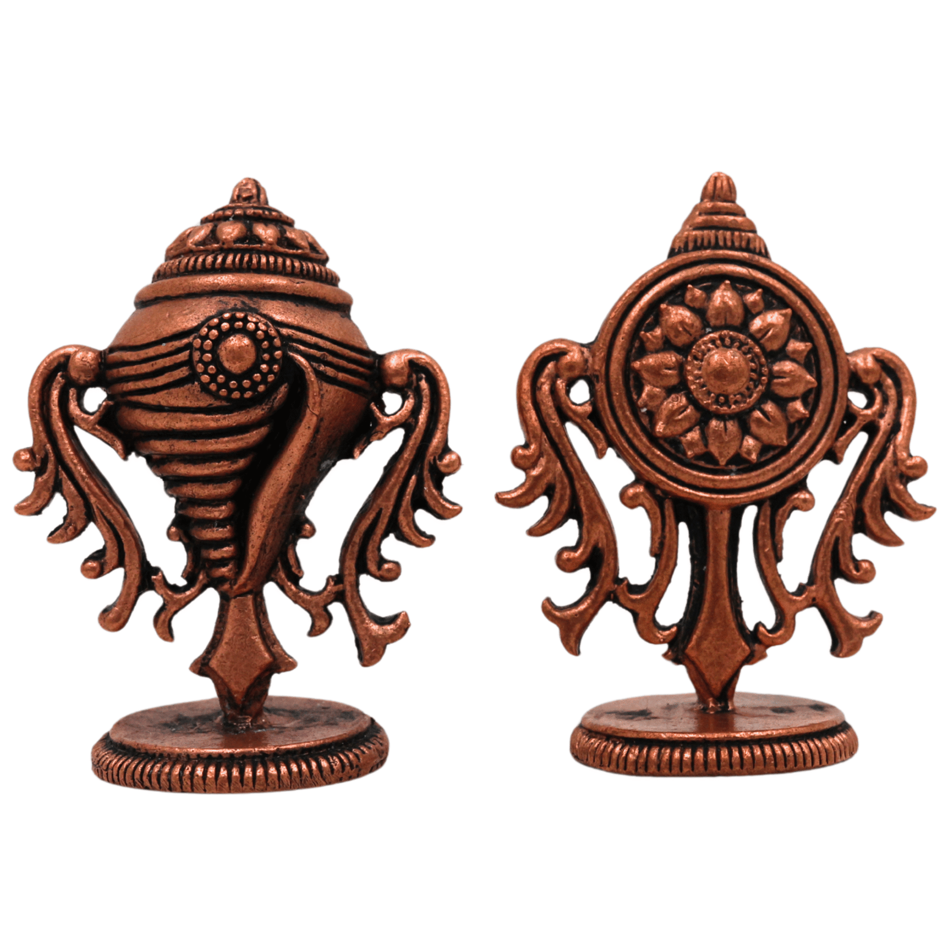 Copper Shankh Chakra Tamra Sudarshan Vishnu Symbol, Handcrafted Tamraloha Conch & Discus, Panchajanya Chakra Yantra for Pooja, Balaji, Tirupati, Narayana, Govinda, Perumal Temple Décor, Brown, 2 Inch, 1 Piece