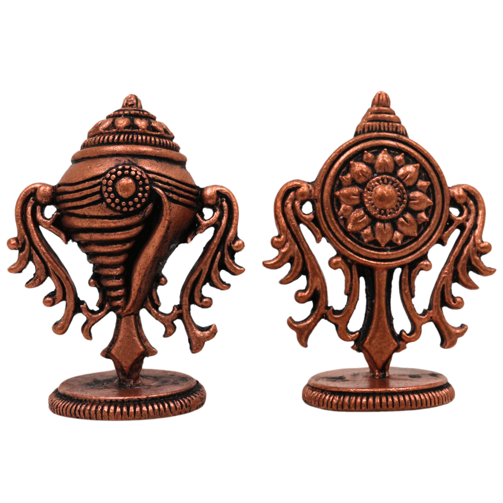 Copper Shankh Chakra Tamra Sudarshan Vishnu Symbol, Handcrafted Tamraloha Conch & Discus, Panchajanya Chakra Yantra for Pooja, Balaji, Tirupati, Narayana, Govinda, Perumal Temple Décor, Brown, 2 Inch, 1 Piece