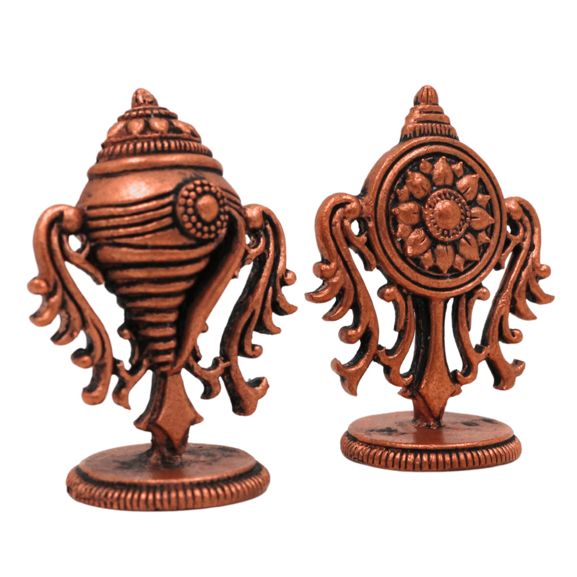 Copper Shankh Chakra Tamra Sudarshan Vishnu Symbol, Handcrafted Tamraloha Conch & Discus, Panchajanya Chakra Yantra for Pooja, Balaji, Tirupati, Narayana, Govinda, Perumal Temple Décor, Brown, 2 Inch, 1 Piece